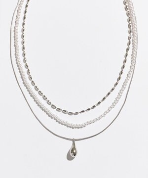 パール×ドロップメタル3連ネックレス　シルバー