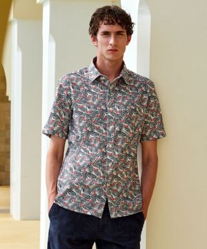  【リネン素材/清涼感/吸水速乾】リネンハニカムプリント 半袖 シャツ