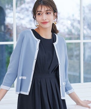  【洗える】配色使い総針袖リボンカーデ