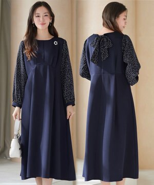  ドット柄コンビバックリボンタックワンピース