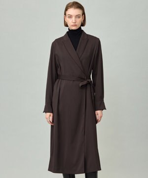  【洗える】ストレッチダブルサテン テーラーカラー ラップワンピース