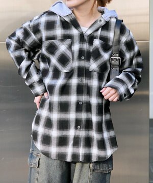  裏毛フードチェックシャツ