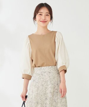  パフスリーブ異素材コンビ プルオーバー