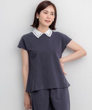  フレンチテリー 刺繍襟 ペプラムカットソー