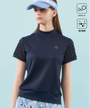  【WOMEN】【UVケア・吸水速乾】レース袖 モックネックシャツ