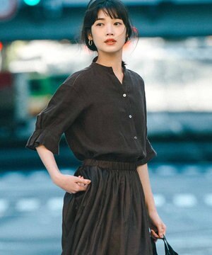  【洗える】LIBECOリネン デザインスリーブ ブラウス