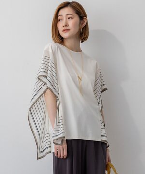  【汗じみ防止加工】スカーフプリントコンビ フレンチスリーブ カットソー