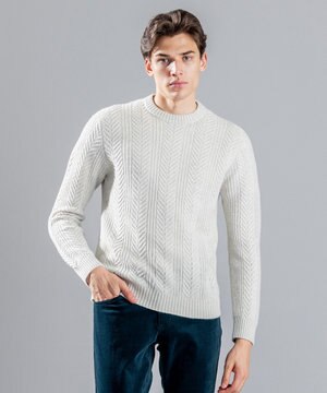 メランジヘリンボンストライプ　ケーブルニット