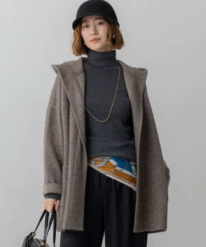 【洗える】ラクーンブレンドダブルフェイス フーディー ニットカーディガン