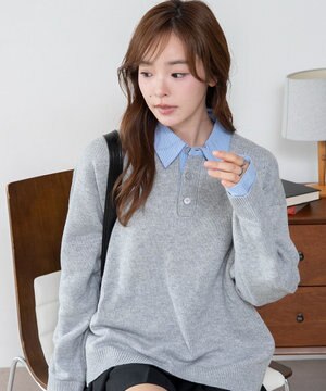  【ユニセックス着用ITEM/MLサイズ展開】シャツレイヤードニットプルオーバー