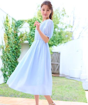  【洗える】ギャザーデザインパフスリーブワンピース