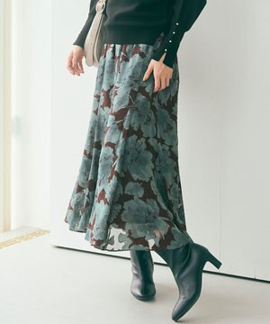  【洗える】アートフラワープリント スカート