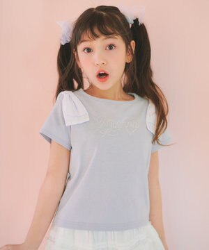 【綿100%】肩リボン×ラインストーンロゴ 半袖Tシャツ
