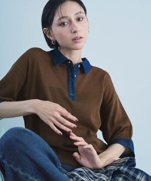  デニムコンビポロ衿ニット