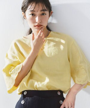  【洗える/セット可】エンブロイダリーリネンフレア袖 ブラウス