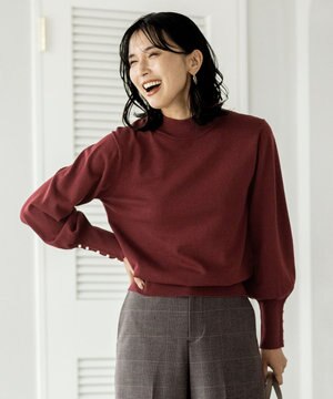  【洗濯機可/吸湿発熱】パフスリーブパールニット