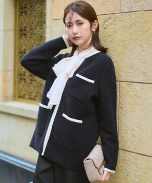  【洗える】ミニブークレニット バイカラー ジャケット