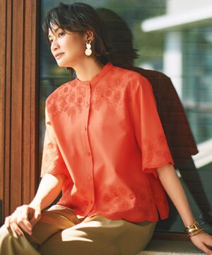  【カタログ掲載・接触冷感・洗える】エンブロイダリーローンシャツ ブラウス