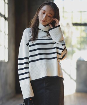  【洗える】ウールミドルゲージ ボーダー ニット