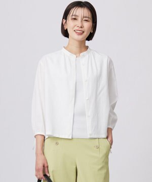  【洗える・接触冷感・吸水速乾】麻SOLID バンドカラー シャツ ブラウス