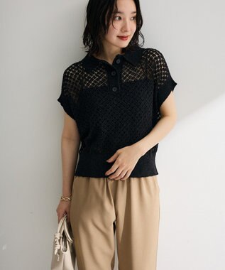 Green Parks 衿付き透かし編みニットプルオーバー Black