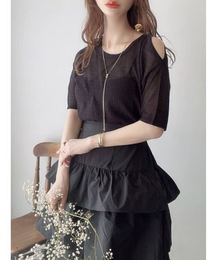 Green Parks 透かし編み肩あきニットプルオーバー Black