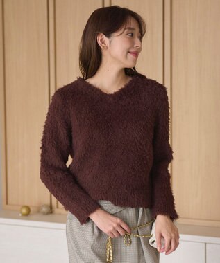 Feroux 【洗える】シャギーVネック ニット ダークブラウン系