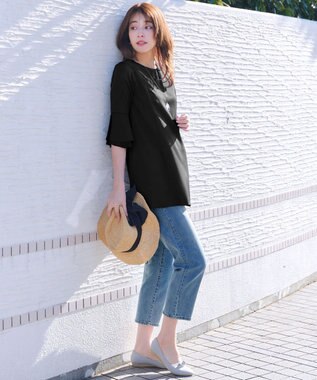 Tiaclasse 【新色追加】シフォンフレア袖チュニックブラウス ブラック