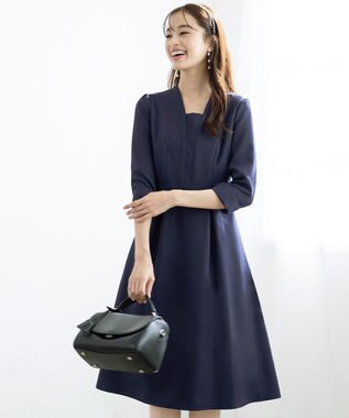 Tiaclasse 【洗える】裾に向かってエレガントに広がる美光沢フレアワンピース ネイビー