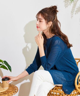 Tiaclasse 【洗える】体型カバーも叶う透け柄編みニットチュニックアンサンブル（2点セット） ターコイズ