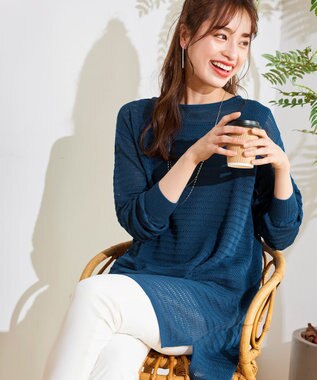 Tiaclasse 【洗える】体型カバーも叶う透け柄編みニットチュニックアンサンブル（2点セット） ターコイズ