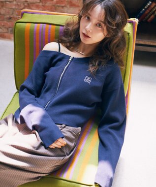 earth music&ecology ダブルジップロゴニットプルオーバー Navy