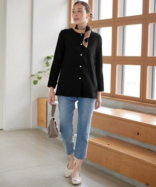 Tiaclasse ノーカラー後ろタックフレアコート ブラック