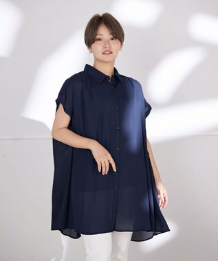 Tiaclasse L 【洗える】フレンチスリーブシャツチュニックブラウス ネイビー