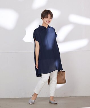 Tiaclasse L 【洗える】フレンチスリーブシャツチュニックブラウス ネイビー