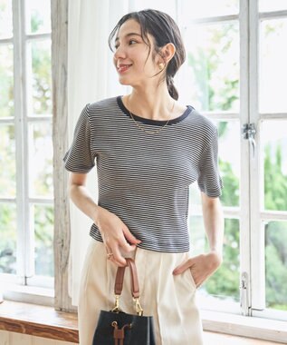 WEGO 【洗える/SML】コンパクトリブT ブラックボーダー