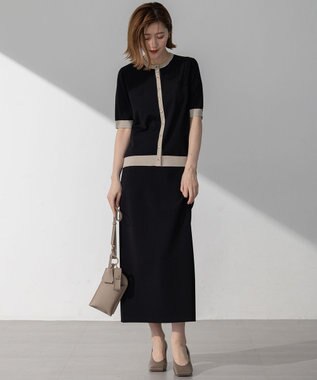 23区 S 【WEB&一部店舗限定/洗える】レーヨンポリエステルストレッチ 半袖 カーディガン ブラック×ベージュラメ