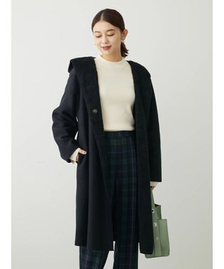 Green Parks フード付き裏ボアロングコーディガン Black