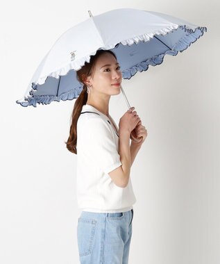 MOONBAT 【WEB限定】POLO RALPH LAUREN（ポロ ラルフローレン）晴雨兼用日傘 長傘 ワンポイントベア刺繍 フリル 一級遮光 遮熱 UV サックスブルー(ストライプ)