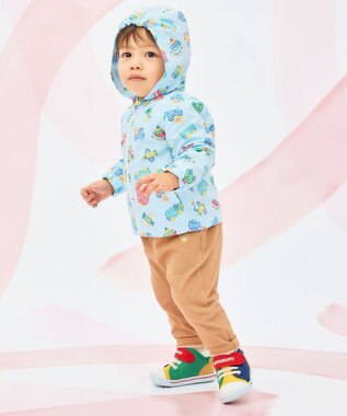 MIKI HOUSE HOT BISCUITS 【80-120cm】ビーンズ×乗り物 総柄ウインドブレーカー サックス