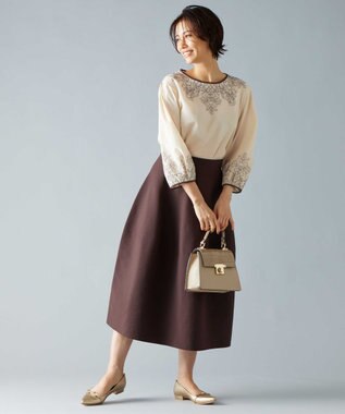 自由区 S 【洗える】コードエンブロイダリーボートネック ブラウス シャンパンベージュ