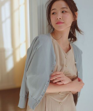 Feroux リボンパール七分袖 カーディガン ライトグリーン系