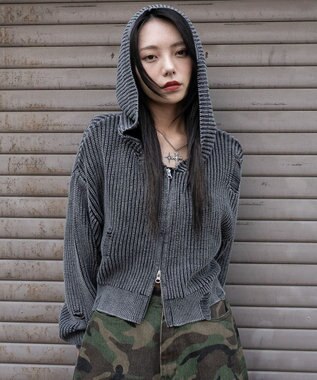 WEGO ダメージニットジップパーカー スミクロ