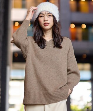 ANY ラムウールＶネックプルオーバー モカ