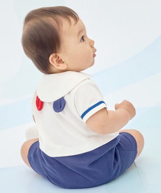 MIKI HOUSE HOT BISCUITS 【70-80cm】くま耳 セーラーカラー ショートオール 白