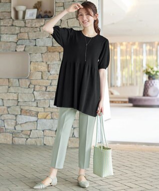 Tiaclasse リブ切替スカラップニットチュニック ブラック