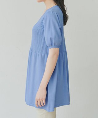 Tiaclasse リブ切替スカラップニットチュニック ブルー