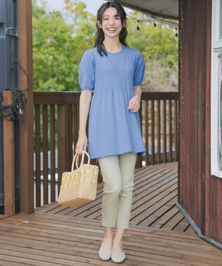 Tiaclasse リブ切替スカラップニットチュニック ブルー