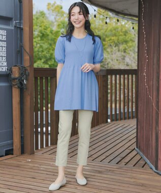 Tiaclasse リブ切替スカラップニットチュニック ブルー