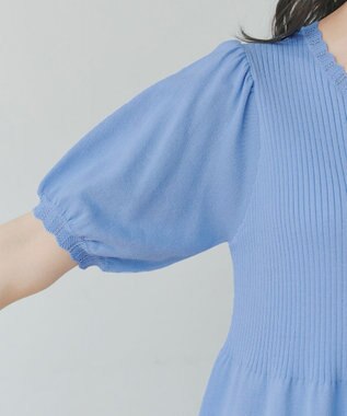 Tiaclasse リブ切替スカラップニットチュニック ブルー